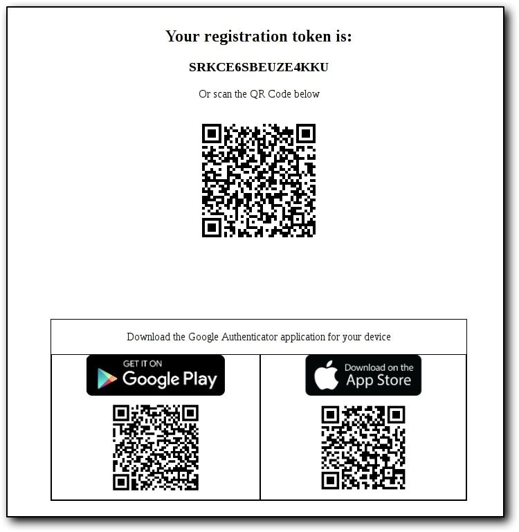 2FA registration page showing a registration token and a QR code for Google Authenticator