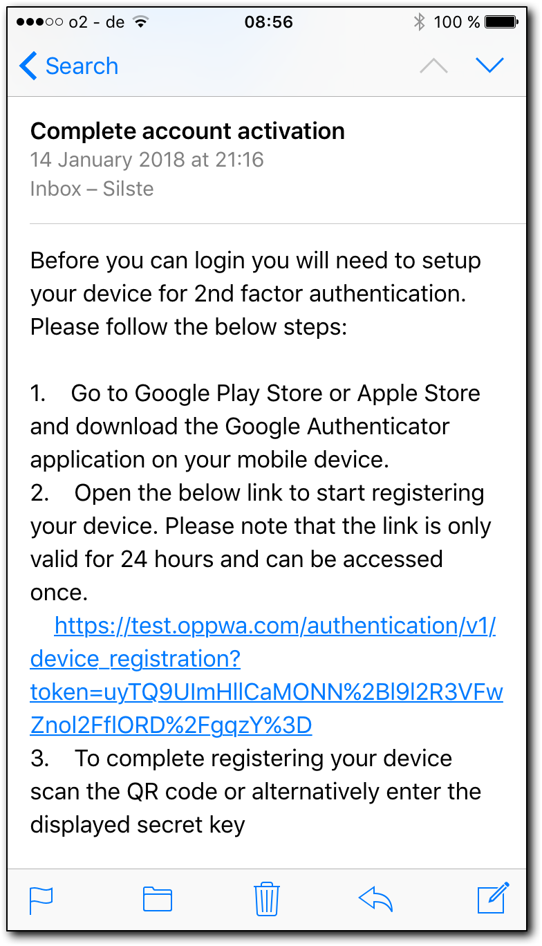 MFA registration email example showing steps and a registration link that is valid for a limited time