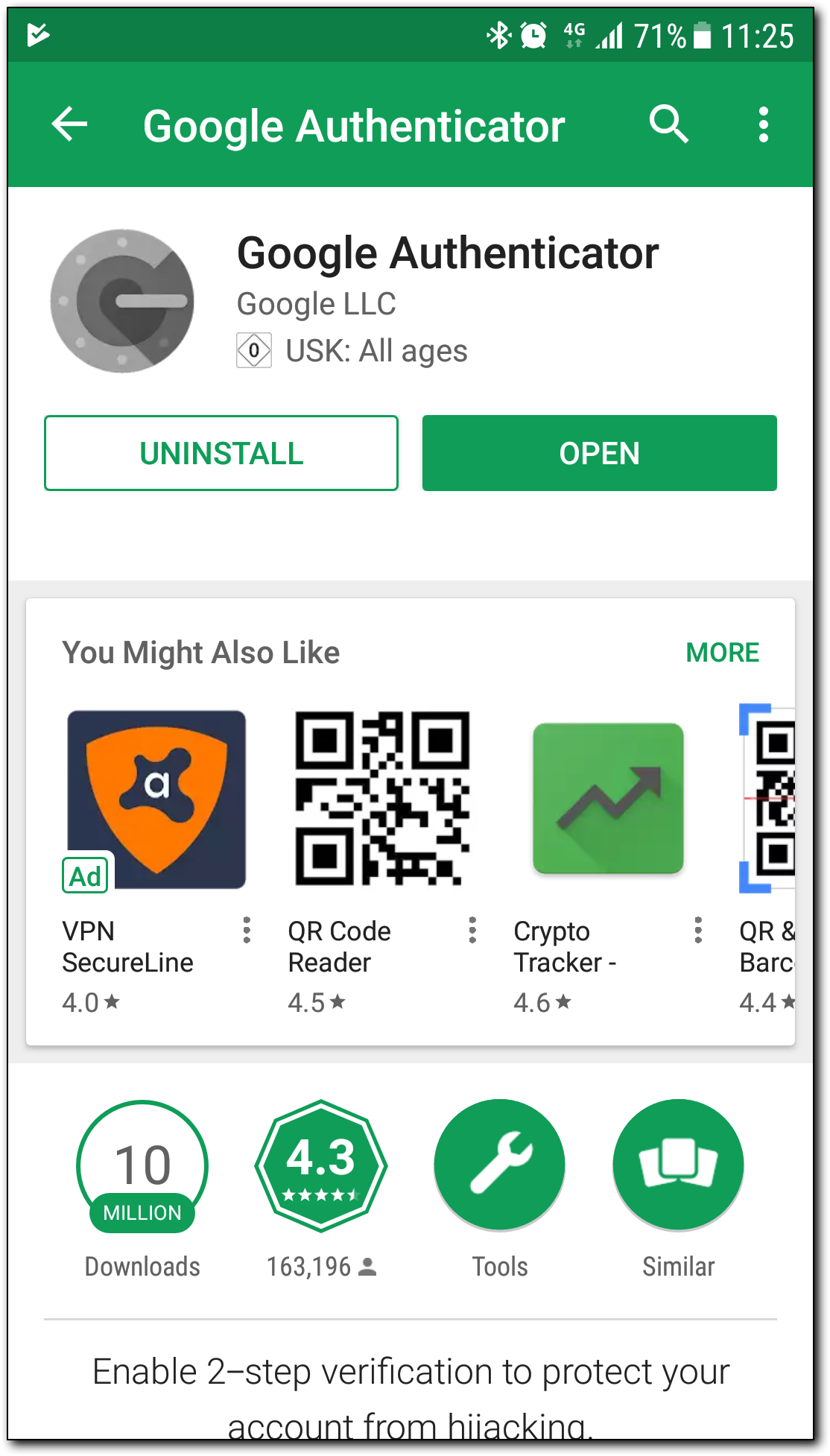 Google Authenticator app listing screen showing the app and an option to open/install
