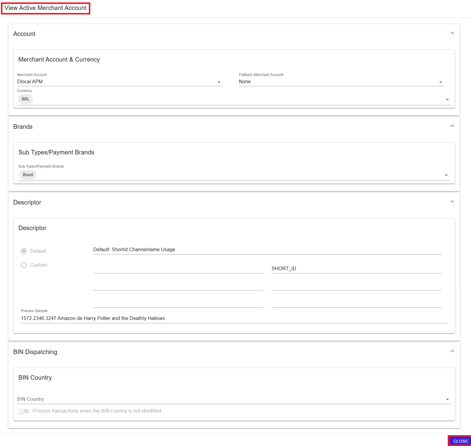 View Active Merchant Account screen