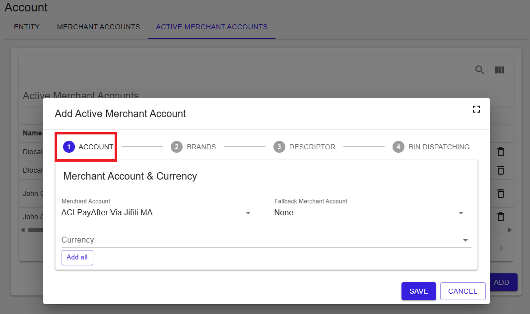 Add Active Merchant Account - Step 1 Account
