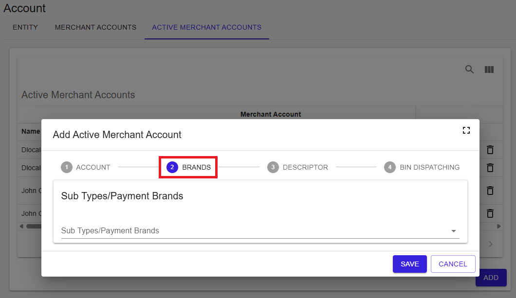 Add Active Merchant Account - Step 2 Brands