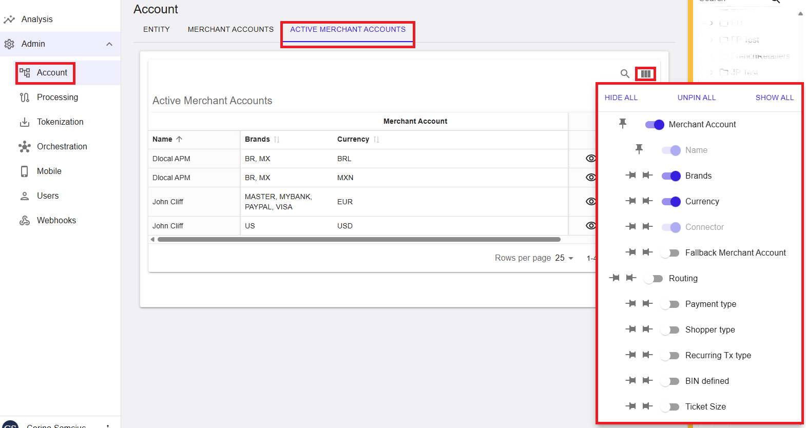 Column settings panel for Active Merchant Accounts