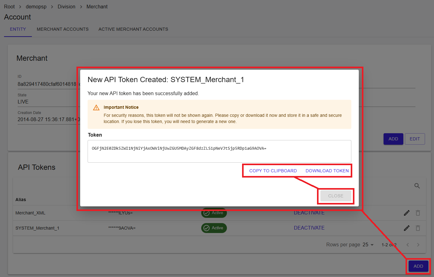 New API Token Created dialog