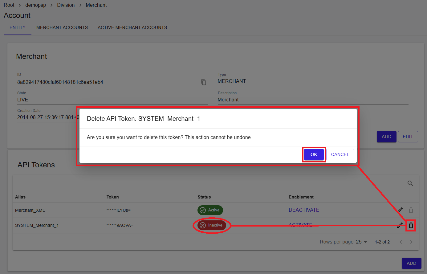 Delete API Token confirmation dialog