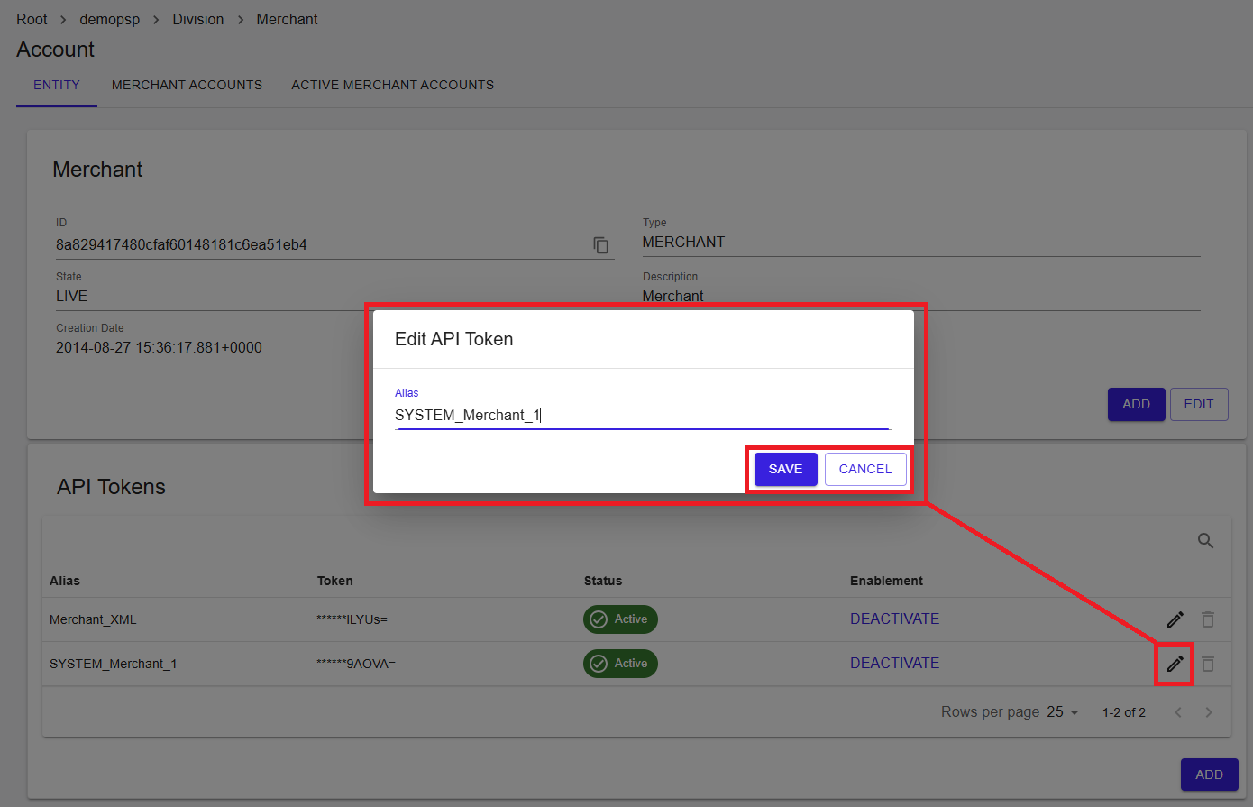Edit API Token dialog