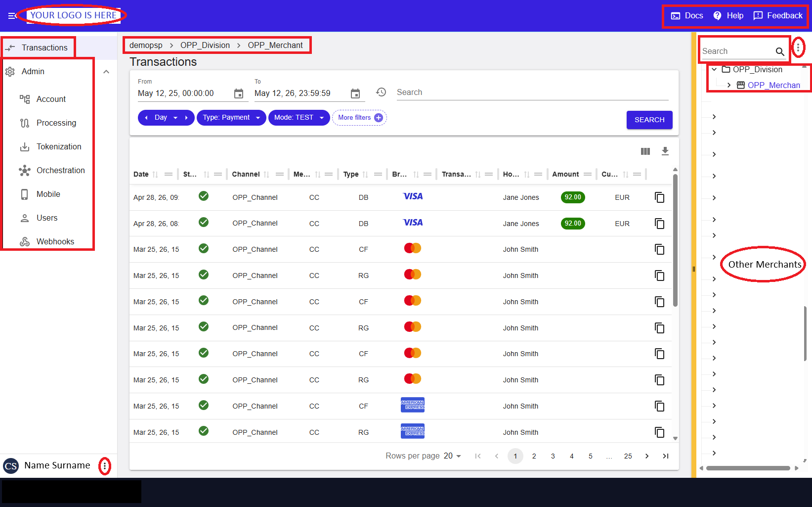 Merchant Portal Account page overview showing navigation, breadcrumbs, and entity selection