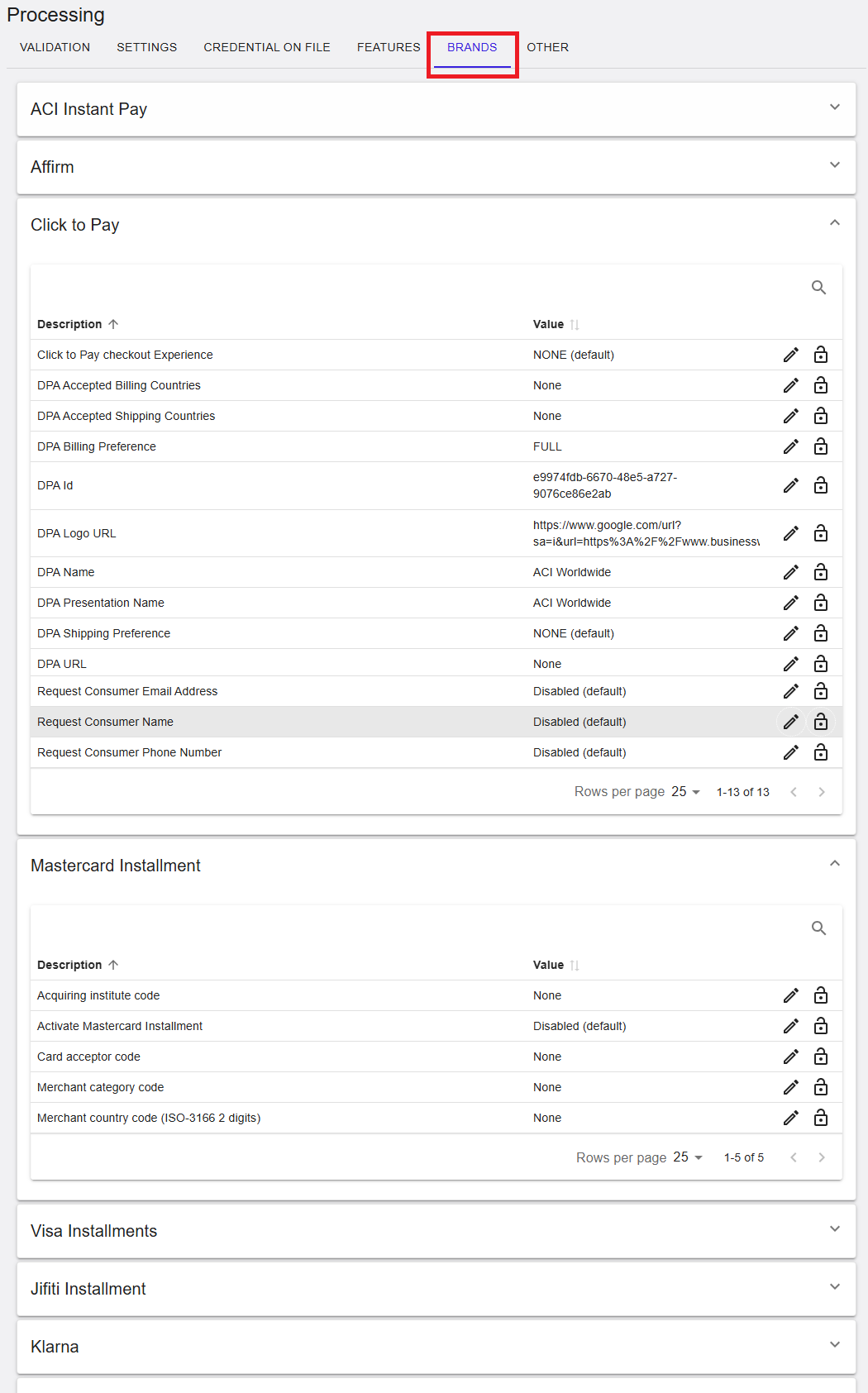 Processing - Brands tab showing expandable brand sections and settings tables