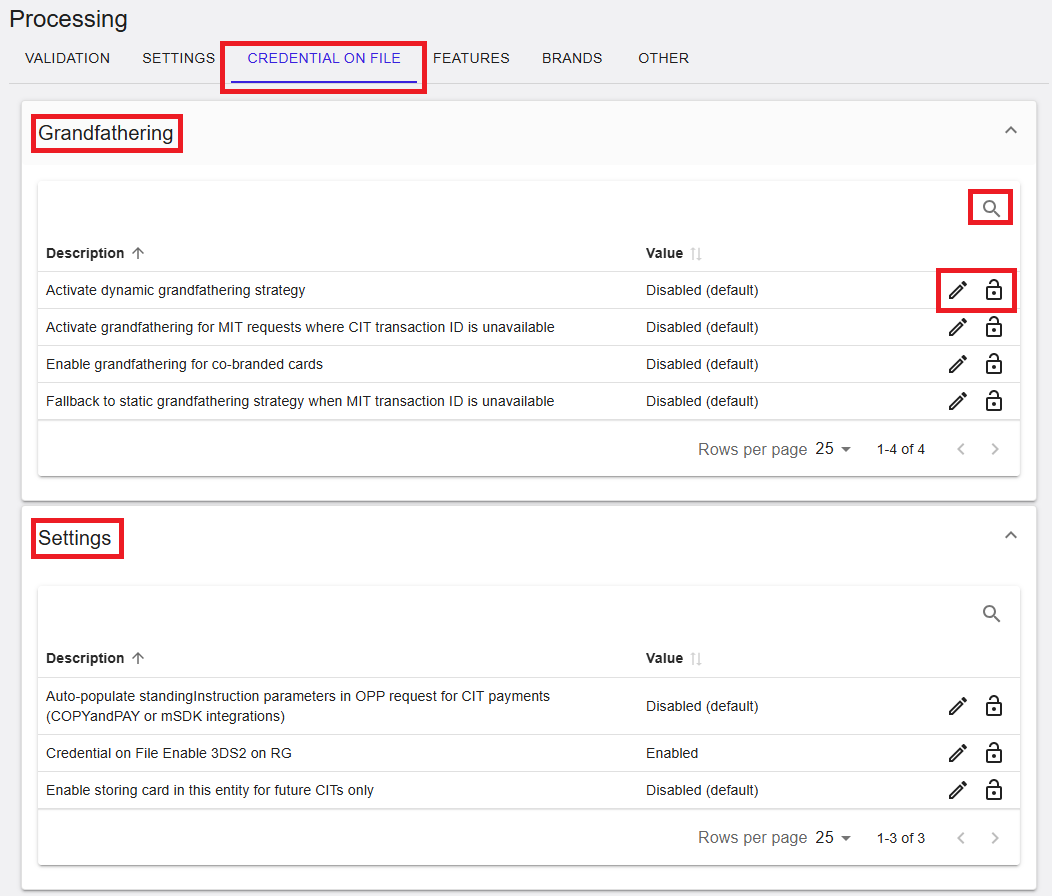 Processing - Credential on File tab showing Grandfathering and Settings sections