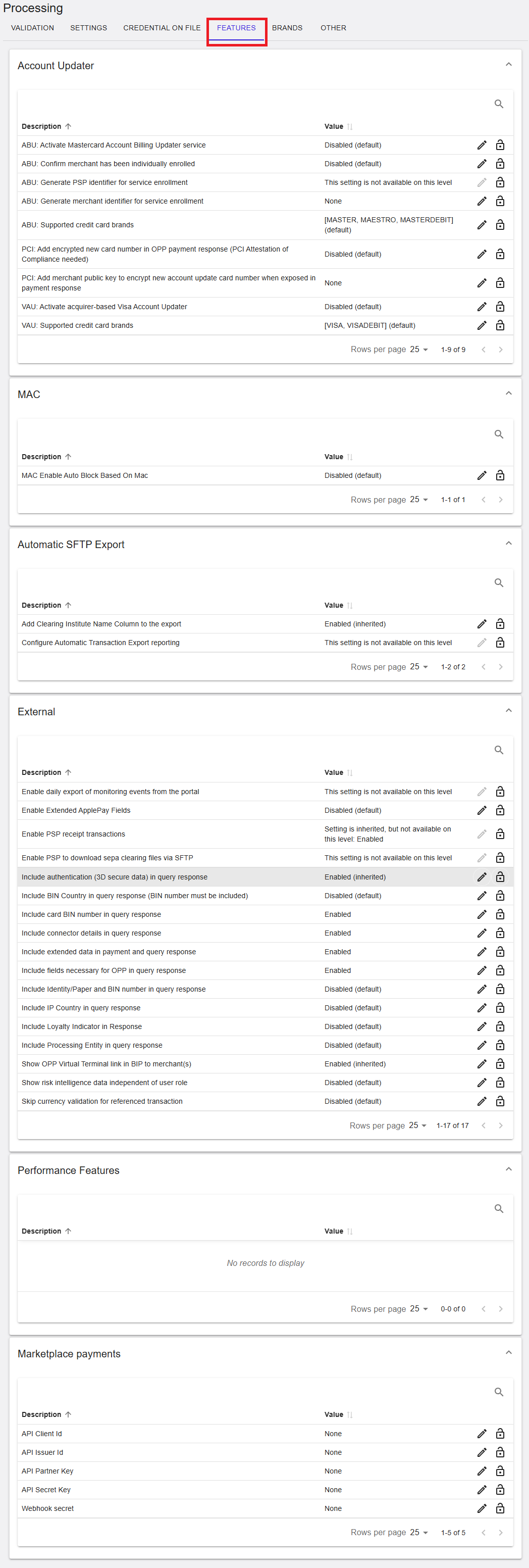 Processing Features tab