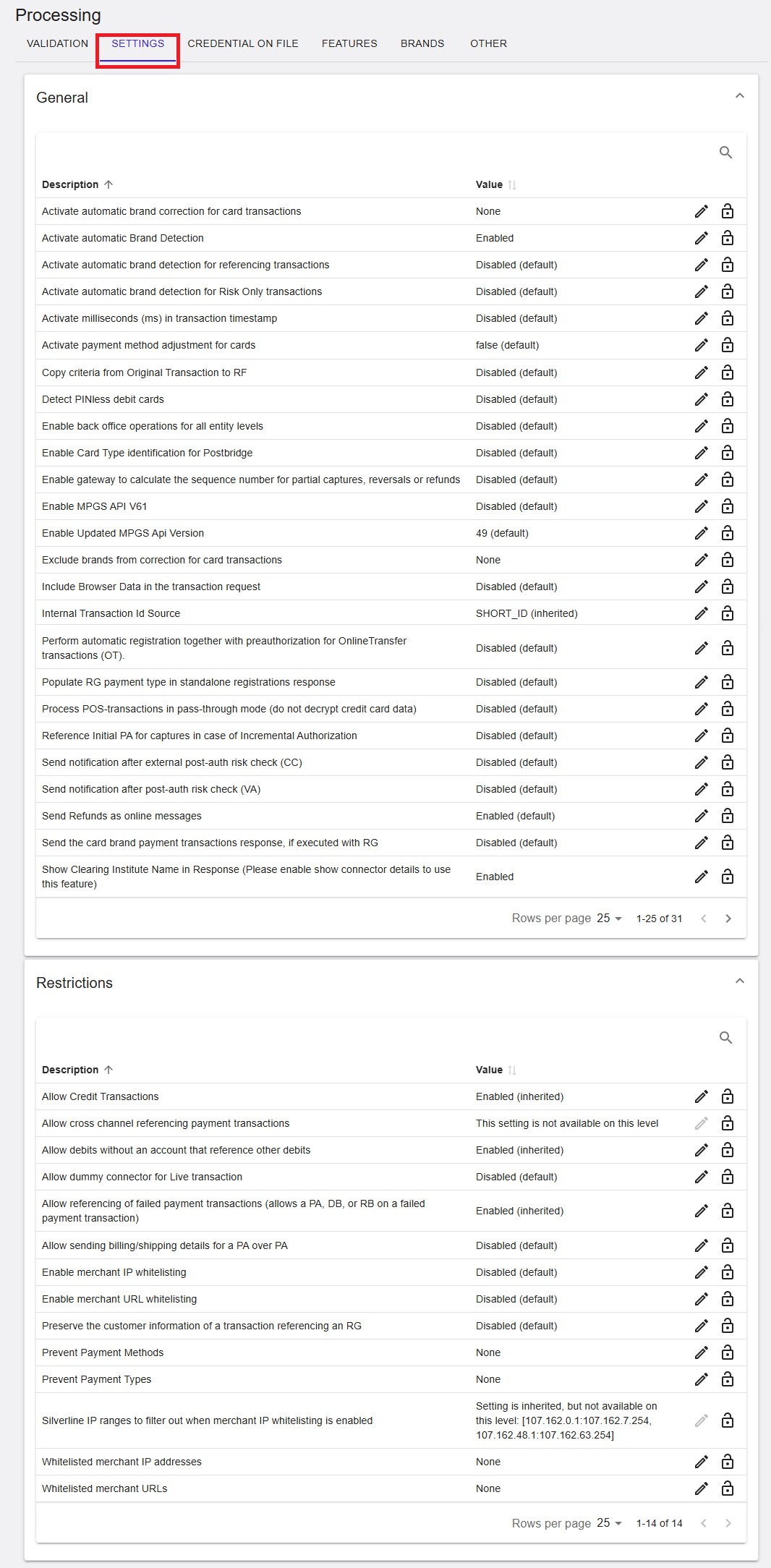 Processing Settings tab