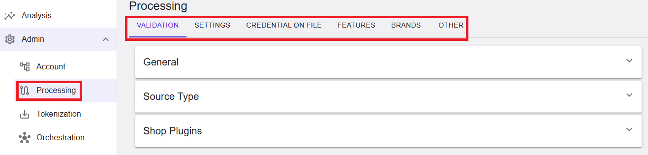 Processing landing page showing Processing menu item and tabs: Validation, Settings, Credential on File, Features, Brands, Other