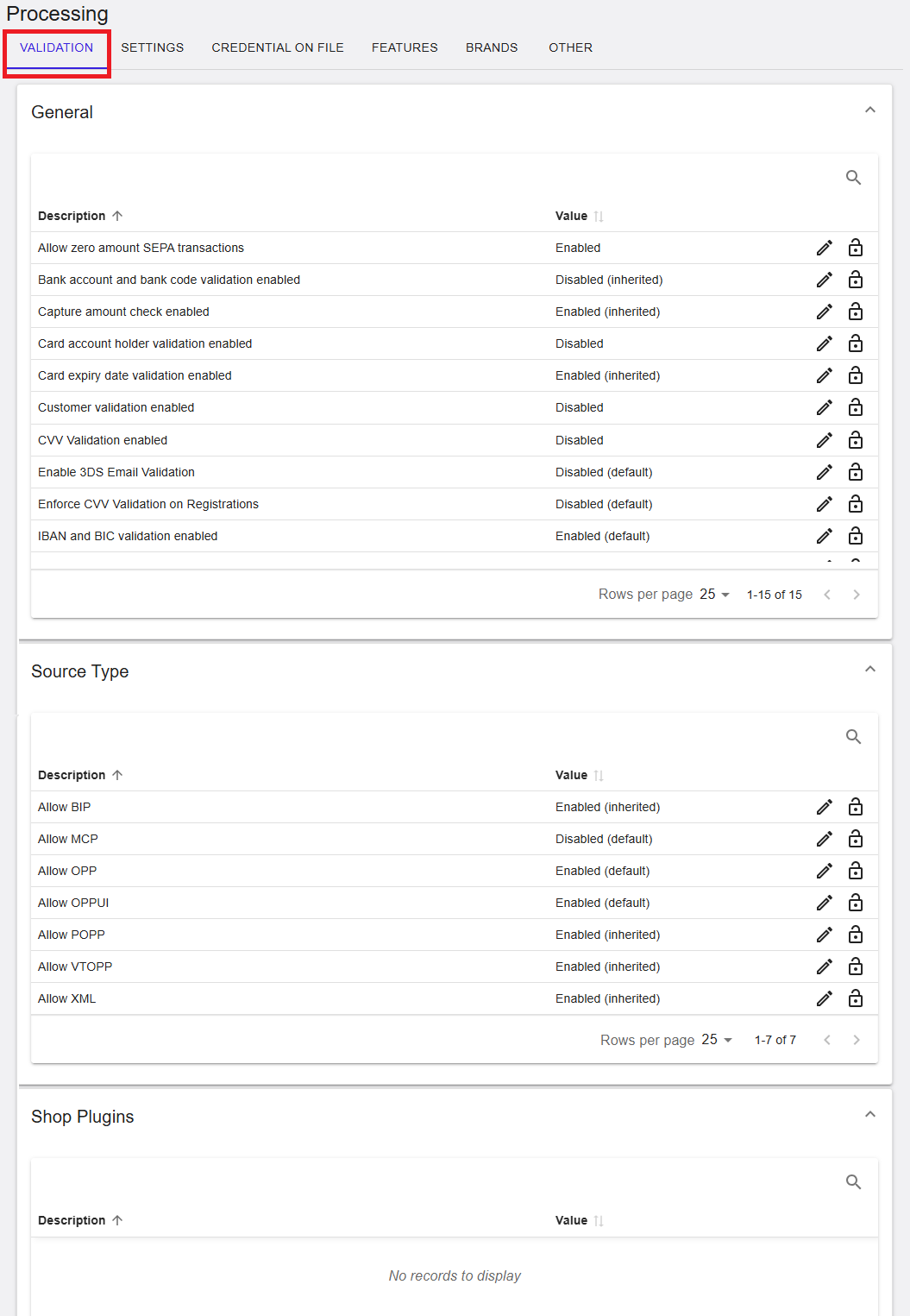 Processing Validation settings