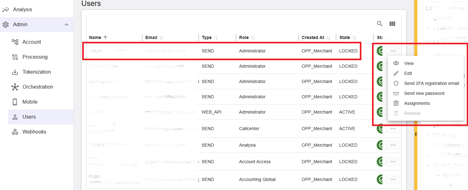 Users administration view showing an action menu with an option to send a MFA registration email
