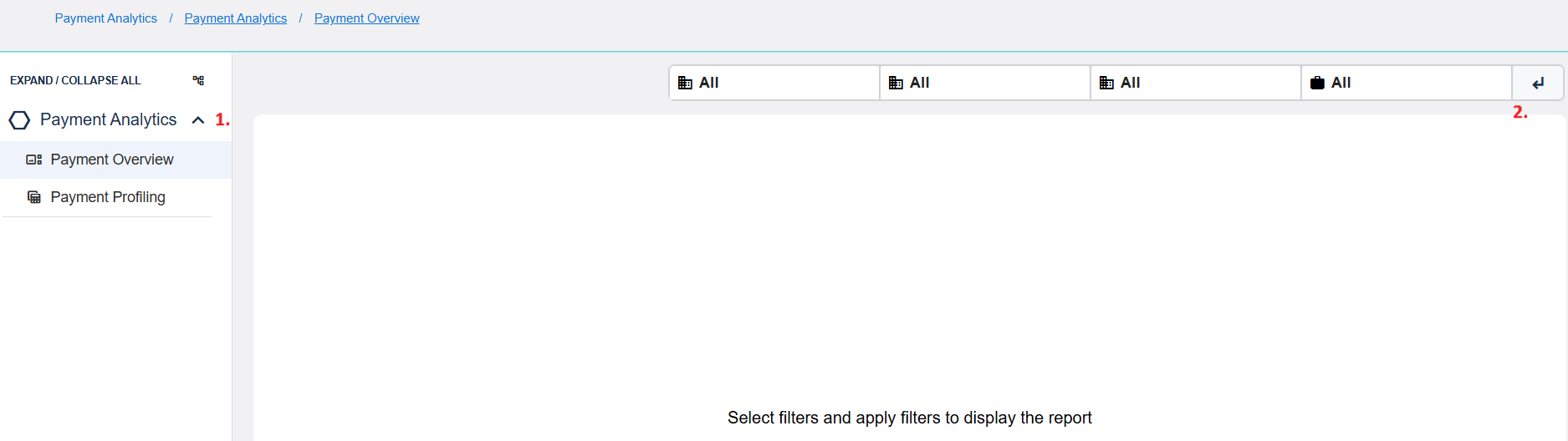 Payment Analytics page showing left navigation and top filter bar