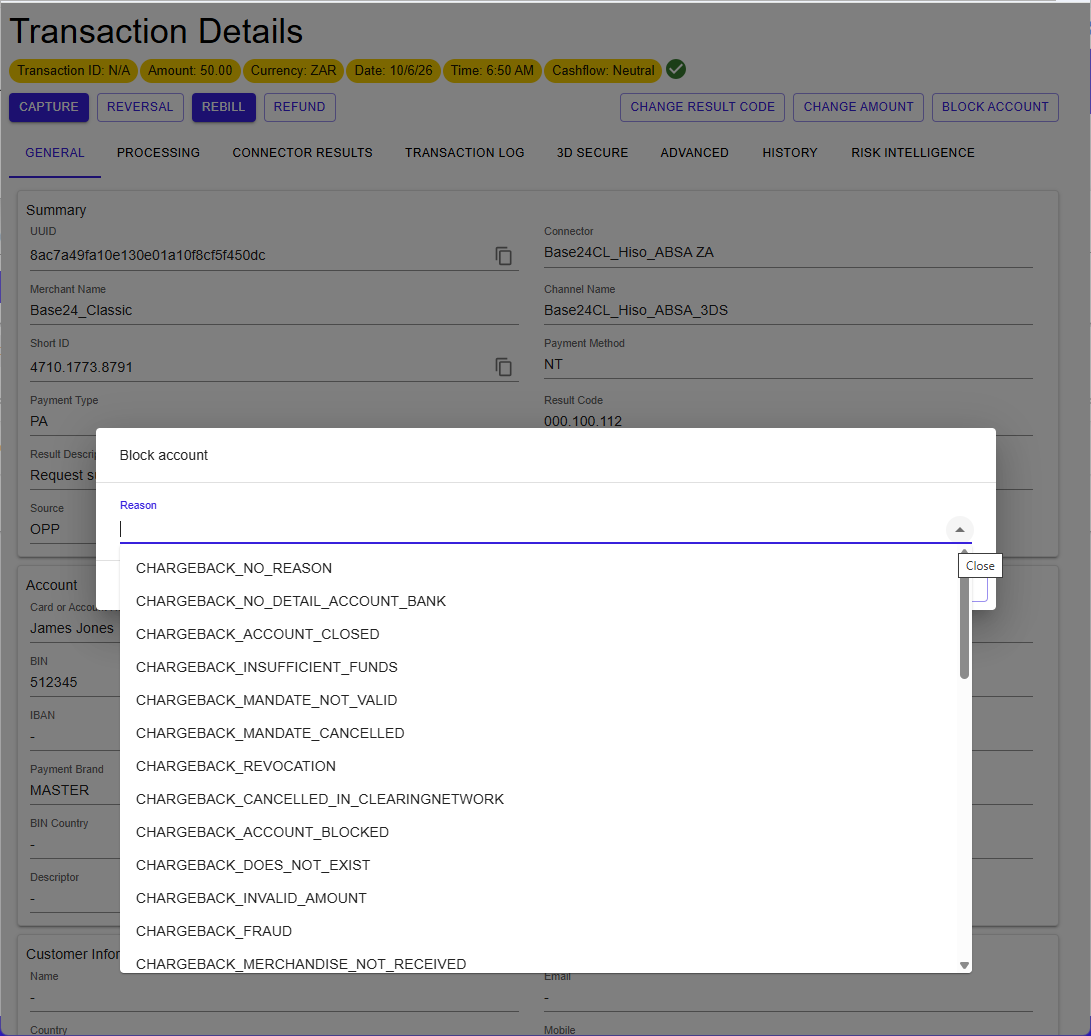 Block Account dialog with reason selection
