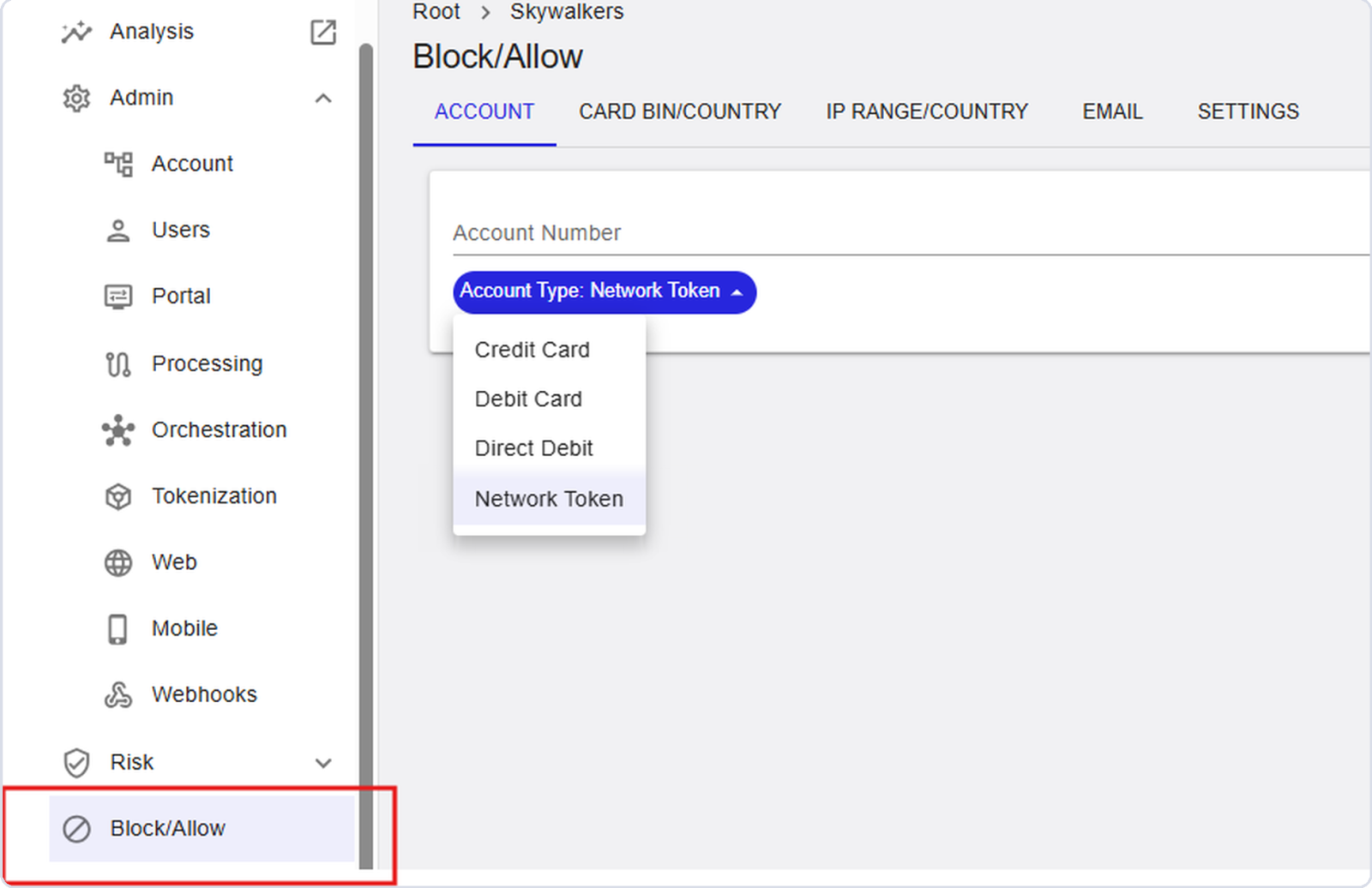Block/Allow menu item under Risk