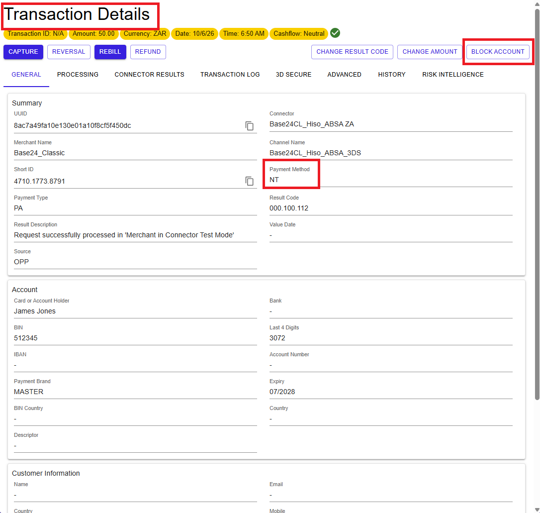 General tab showing Payment Method NT
