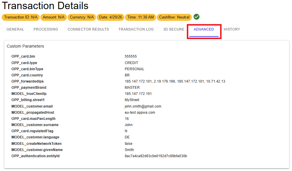 Transaction Advanced custom parameters