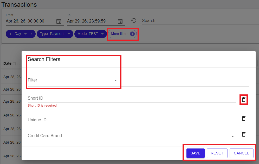 Transactions advanced search filters