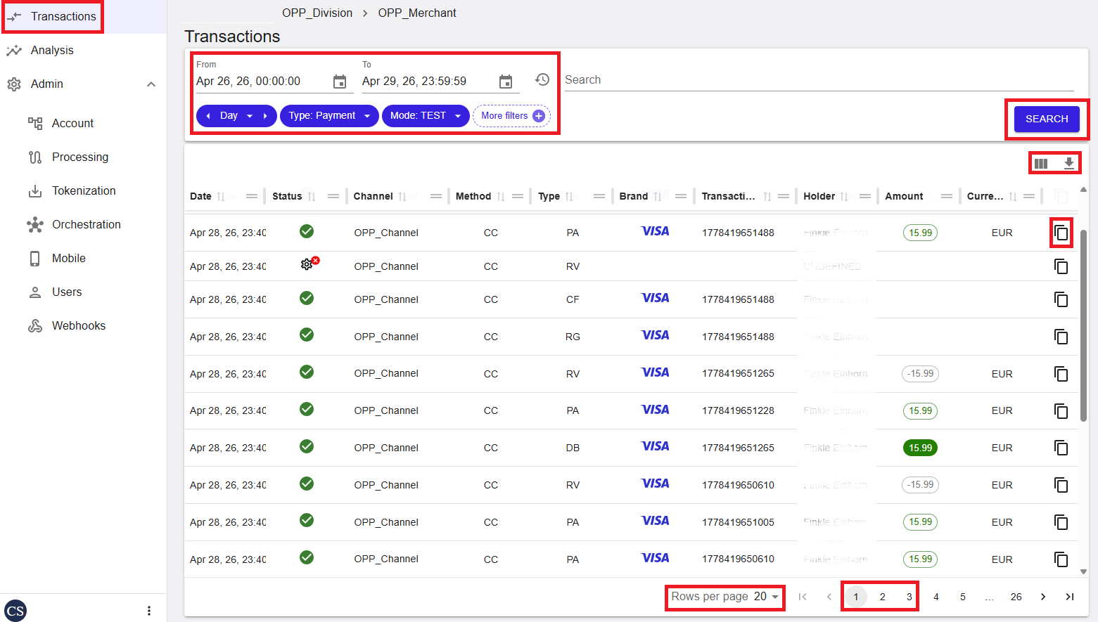 Transactions list view